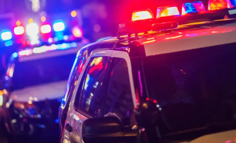 Police cars with flashing red and blue lights illuminate the Florida night.