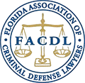 Gold scales of justice centered in a blue circle. The text reads "Florida Association of Criminal Defense Lawyers" and "FACDL," highlighting the organization's dedication to legal advocacy throughout Florida.