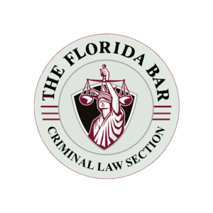 Logo of The Florida Bar Criminal Law Section featuring Lady Justice holding scales, with the text "The Florida Bar" above and "Criminal Law Section" below, in maroon and gray colors—a symbol respected by defense attorneys statewide.