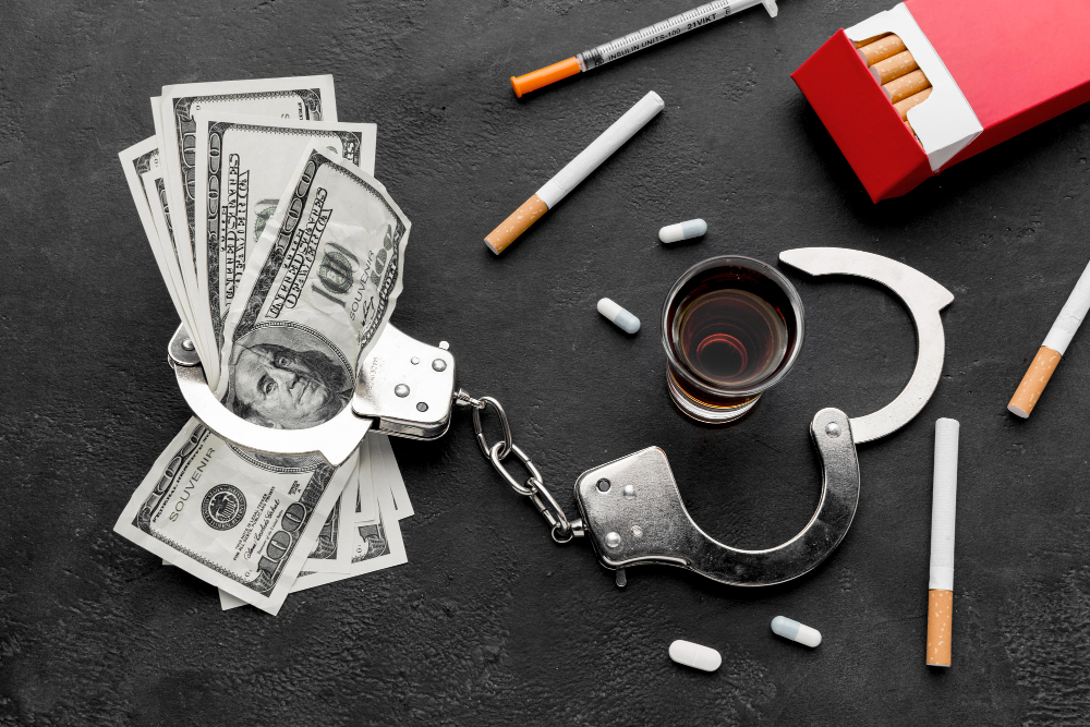 photo of drugs, money, cigarettes, and handcuffs