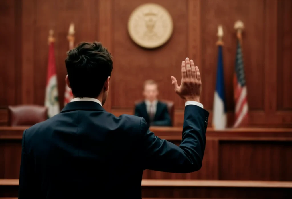 Man in a suit raising his right hand before a judge in a courtroom